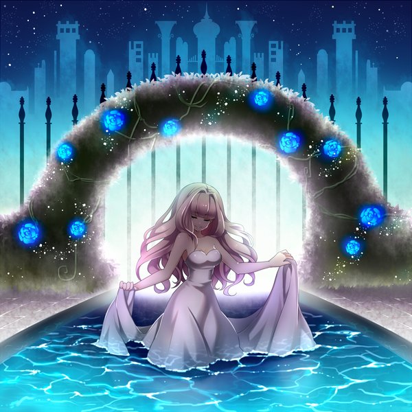 Anime picture 1000x1000 with original chiyopoko single long hair smile bare shoulders pink hair eyes closed night night sky river girl dress flower (flowers) water white dress rose (roses) blue rose