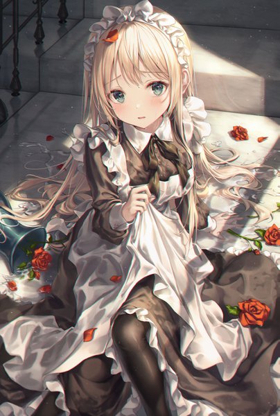 Anime-Bild 1870x2772 mit original r o ha single long hair tall image looking at viewer blush fringe highres open mouth blue eyes blonde hair sitting indoors long sleeves arm support shadow maid wet wet clothes