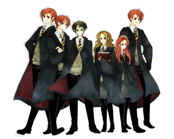 Anime picture 1024x819 with harry potter hermione granger harry potter (character) ron weasley fred weasley george weasley ginny weasley blue eyes smile brown hair white background multiple girls brown eyes green eyes orange hair girl boy uniform 2 girls school uniform