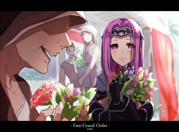 イラスト 1000x743 と Fateシリーズ フェイト／ステイナイト rider medusa (lancer) (fate) ゼロモモ カメラ目線 紫目 multiple girls purple hair multiple boys depth of field copyright name letterboxed shaded face 女の子 男性 手袋 花 2人女子 黒い手袋