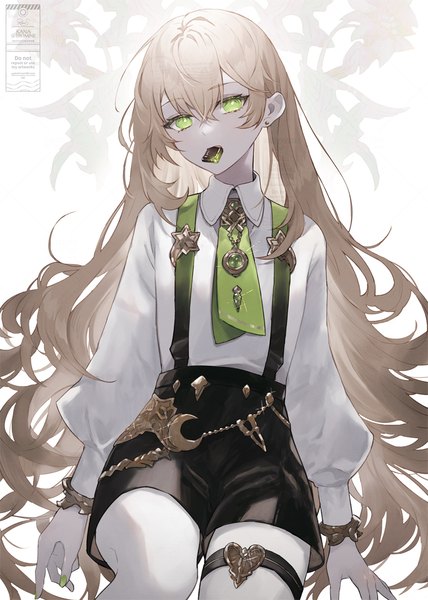 Anime-Bild 800x1122 mit original shiromine kana single tall image looking at viewer fringe blonde hair hair between eyes sitting holding green eyes very long hair mouth hold food in mouth girl necktie food shorts sweets thigh strap