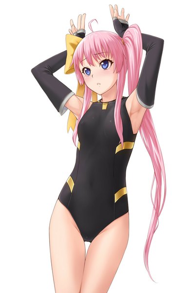 Anime picture 750x1140 with seiken tsukai no world break ranjou satsuki single long hair tall image looking at viewer blush fringe breasts blue eyes light erotic simple background white background twintails pink hair ahoge arms up armpit (armpits) side ponytail girl