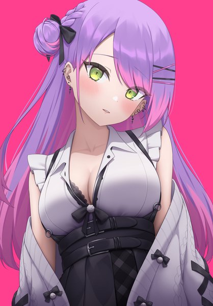 Anime picture 2126x3050 with virtual youtuber hololive tokoyami towa tokoyami towa (jirai kei) yihsien single long hair tall image looking at viewer blush fringe highres breasts light erotic simple background green eyes pink hair purple hair upper body parted lips