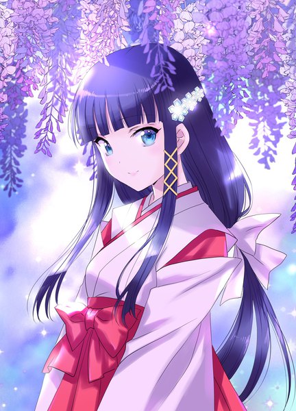 Anime picture 1473x2048 with mahouka koukou no rettousei shiba miyuki nanase aoi single long hair tall image looking at viewer fringe blue eyes smile standing payot purple hair upper body outdoors blunt bangs traditional clothes japanese clothes miko girl