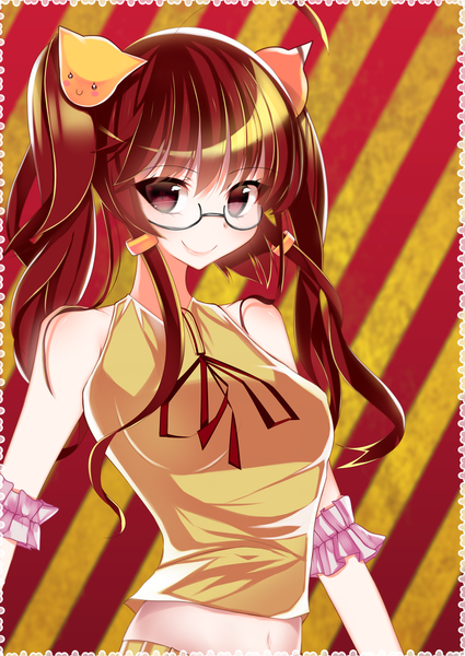 Anime picture 1400x1974 with original aoiken single long hair tall image smile brown hair twintails brown eyes midriff striped striped background girl navel glasses