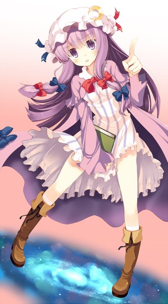 Anime picture 1200x2159 with touhou patchouli knowledge komone ushio single long hair tall image blush open mouth purple eyes purple hair crescent girl dress bow hair bow boots book (books) bonnet