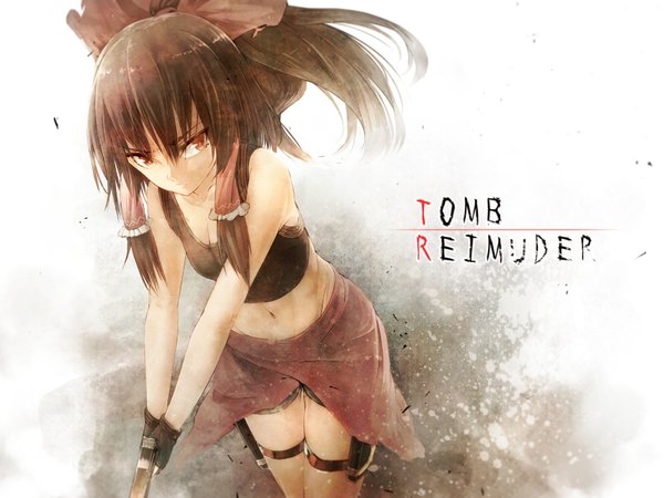 Anime picture 3200x2400 with touhou tomb raider hakurei reimu ibuki notsu single long hair fringe highres breasts standing looking away absurdres cleavage ponytail from above orange eyes alternate costume serious lara croft (cosplay) girl