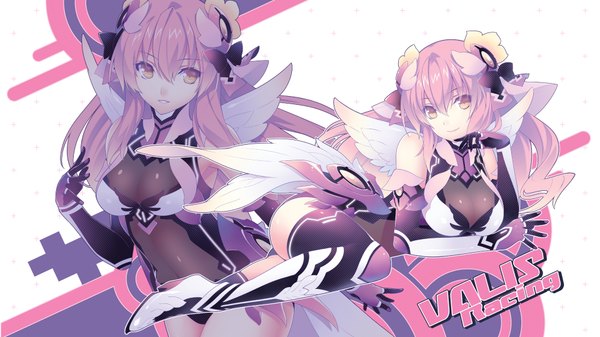 Anime picture 1920x1080 with hirano katsuyuki single long hair highres light erotic wide image yellow eyes pink hair pink eyes mecha musume girl thighhighs wings bodysuit