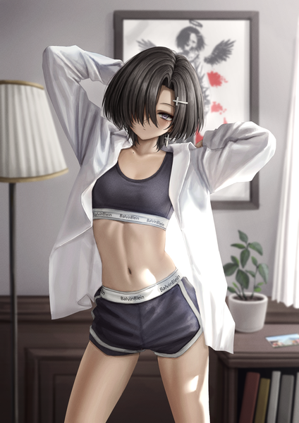Anime picture 2480x3508 with original lobsteranian single tall image looking at viewer fringe highres short hair light erotic black hair standing indoors head tilt hair over one eye mole arms up grey eyes open shirt mole under eye arms behind head