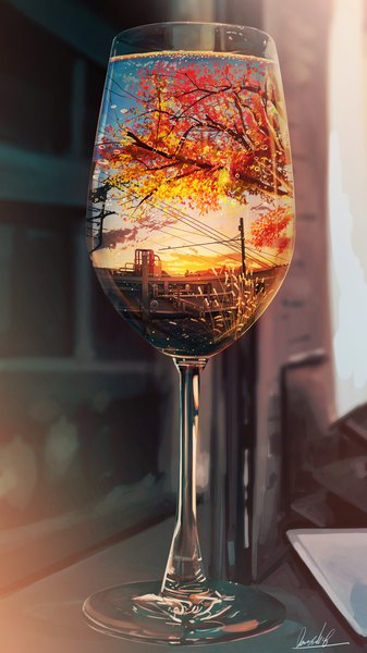 Anime-Bild 3376x6000 mit original banishment tall image highres signed absurdres sky cloud (clouds) depth of field evening sunset no people scenic autumn surreal plant (plants) tree (trees) leaf (leaves) drink wine glass