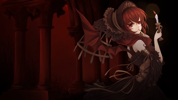 Anime picture 1366x768 with original hayashinomura single long hair looking at viewer red eyes brown hair wide image finger to mouth girl dress wings bonnet candle (candles) pillar column