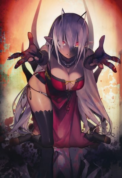Anime picture 3500x5096 with full metal daemon muramasa nitroplus sandaime muramasa namaniku atk single long hair tall image looking at viewer highres breasts light erotic red eyes large breasts absurdres cleavage white hair pointy ears official art girl thighhighs