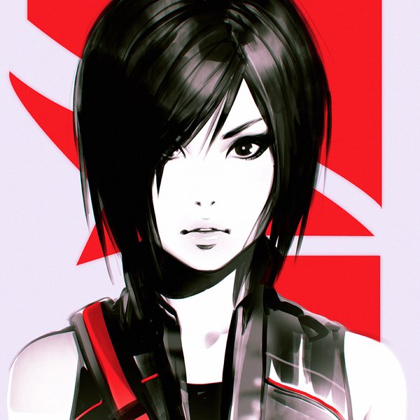 Anime picture 1080x1080 with mirror's edge mirror's edge catalyst faith connors ilya kuvshinov single looking at viewer fringe short hair black hair bare shoulders upper body parted lips lips black eyes hair over one eye sleeveless portrait face makeup white skin