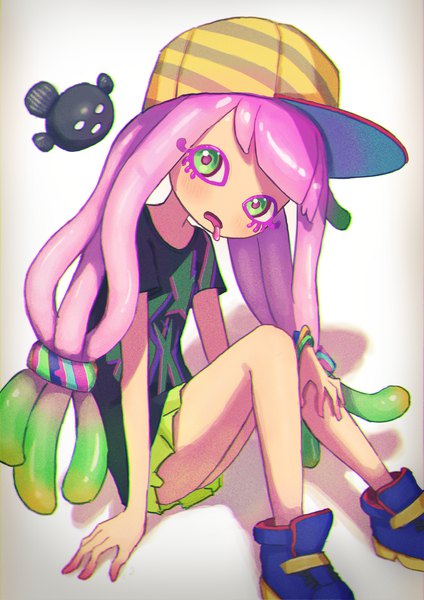 Anime picture 2170x3069 with splatoon splatoon 3 nintendo harmony (splatoon) harmony's clownfish (splatoon) icetea774 single long hair tall image looking at viewer fringe highres simple background white background sitting green eyes pink hair blunt bangs tentacle hair girl
