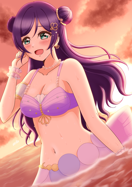 Anime picture 2149x3035 with love live! school idol project sunrise (studio) love live! toujou nozomi msp gclove single long hair tall image looking at viewer blush fringe highres breasts open mouth light erotic smile green eyes sky purple hair cloud (clouds)