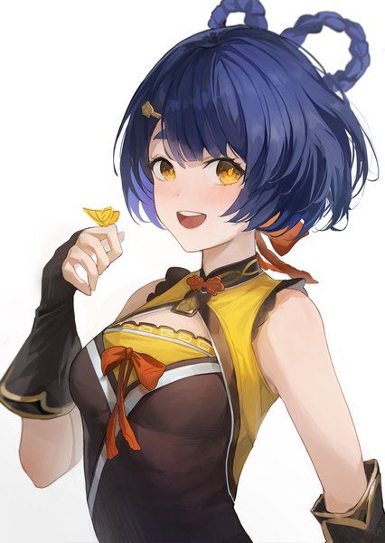 Anime picture 2973x4190 with genshin impact xiangling (genshin impact) yonesdraws single tall image looking at viewer highres short hair open mouth simple background white background yellow eyes blue hair upper body :d teeth sleeveless hair rings butterfly on hand girl