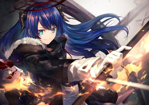 Anime picture 2400x1700 with arknights mostima (arknights) noan single long hair highres blue eyes smile blue hair upper body horn (horns) girl gloves jacket white gloves halo fire