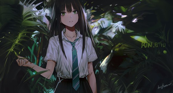 Anime picture 1200x648 with idolmaster idolmaster cinderella girls shibuya rin infukun single long hair looking at viewer fringe black hair hair between eyes wide image standing green eyes signed payot parted lips pleated skirt short sleeves character names dated