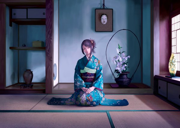 Anime picture 2000x1422 with original ebi furai (erhu112) single looking at viewer highres short hair black hair brown eyes traditional clothes japanese clothes girl flower (flowers) kimono obi tatami
