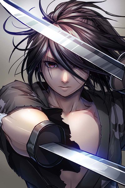 Anime picture 800x1200 with dororo (tezuka) hyakkimaru (dororo) maeba izumi single long hair tall image looking at viewer fringe black hair simple background upper body traditional clothes japanese clothes hair over one eye grey background orange eyes torn clothes slit pupils boy weapon