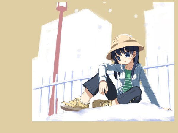 Anime picture 1600x1200 with tagme (copyright) tagme (artist) single long hair blue eyes black hair sitting open clothes snow girl hat shoes hood pants hoodie sneakers lamppost
