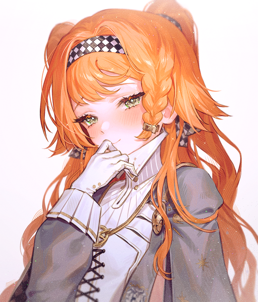 Anime picture 1000x1170 with reverse:1999 sonetto (reverse:1999) fymrie single long hair tall image blush simple background smile white background green eyes upper body braid (braids) orange hair two side up side braid hand to mouth girl gloves white gloves