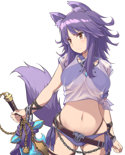 Anime picture 891x1098 with princess connect! re:dive princess connect! makoto (princess connect!) ribucci single long hair tall image light erotic simple background standing white background animal ears yellow eyes looking away purple hair tail animal tail ass visible through thighs girl navel