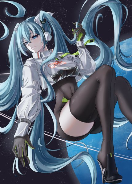 Anime picture 1429x2000 with vocaloid goodsmile racing hatsune miku racing miku racing miku (2022) hui000ph single tall image fringe breasts smile hair between eyes large breasts twintails signed payot looking away bent knee (knees) long sleeves very long hair