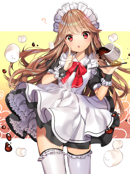 Anime picture 1200x1600 with original gambe single long hair tall image blush fringe blonde hair hair between eyes red eyes standing holding :o short sleeves maid zettai ryouiki puffy sleeves ? girl thighhighs