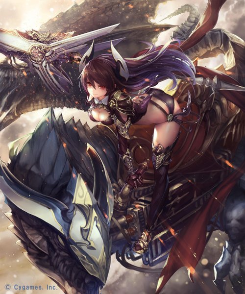 Anime picture 2083x2500 with shingeki no bahamut tachikawa mushimaro (bimo) long hair tall image looking at viewer fringe highres breasts light erotic black hair red eyes large breasts sky cleavage cloud (clouds) multicolored hair horn (horns) from above light smile wind