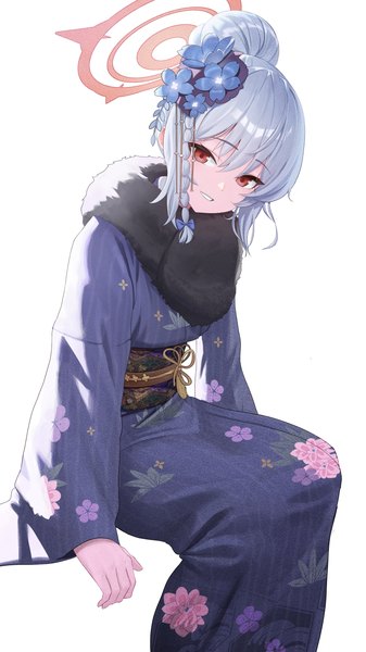 Anime picture 2250x4000 with blue archive haruna (blue archive) haruna (new year) (blue archive) guegue single tall image looking at viewer fringe highres short hair simple background smile hair between eyes red eyes white background sitting silver hair traditional clothes japanese clothes hair bun (hair buns)