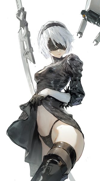 Anime picture 1200x2159 with nier nier:automata yorha no. 2 type b pod (nier:automata) dino (dinoartforame) single tall image fringe short hair light erotic simple background standing white background white hair dress lift blindfold girl thighhighs dress underwear