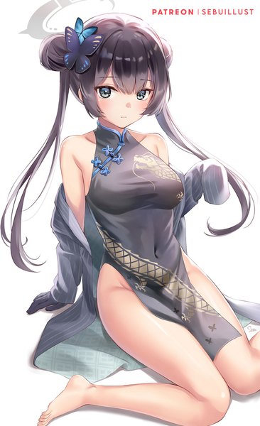 Anime picture 800x1310 with blue archive kisaki (blue archive) sebu illust single long hair tall image fringe light erotic black hair simple background hair between eyes white background sitting twintails traditional clothes arm support grey eyes hair bun (hair buns) no panties covered navel