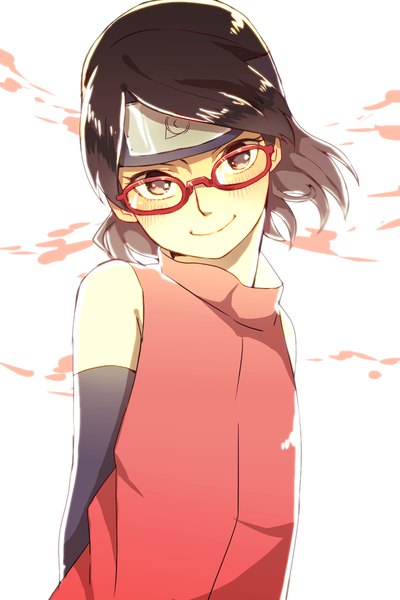 Anime picture 800x1200 with boruto studio pierrot naruto (series) uchiha sarada mizuto (o96ap) single tall image looking at viewer blush short hair black hair simple background smile bare shoulders brown eyes upper body head tilt floating hair gradient hair hands behind back