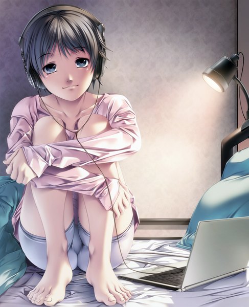 Anime picture 812x1000 with original rezi tall image short hair light erotic black hair barefoot light smile black eyes leg hug girl headphones lamp laptop