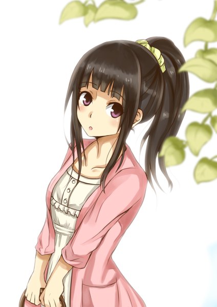 Anime picture 992x1403 with hyouka kyoto animation chitanda eru xsorax812 single long hair tall image looking at viewer black hair purple eyes ponytail girl dress leaf (leaves)