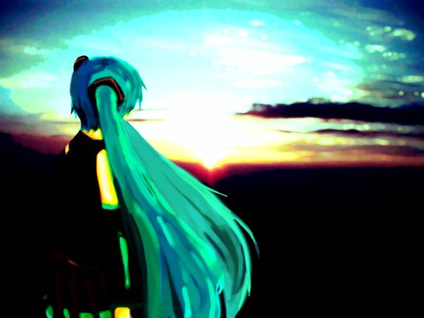 Anime picture 1500x1125 with vocaloid hatsune miku meola evening sunset girl