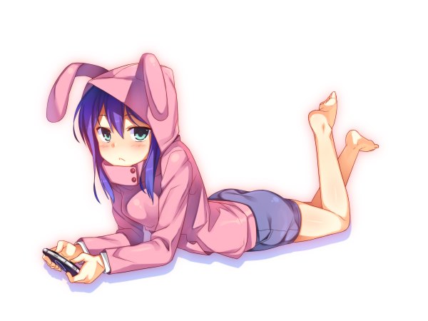 Anime picture 2400x1800 with idolmaster idolmaster million live! mochizuki anna racer (magnet) single long hair looking at viewer blush highres blue eyes simple background white background animal ears purple hair barefoot bunny ears girl hood psp