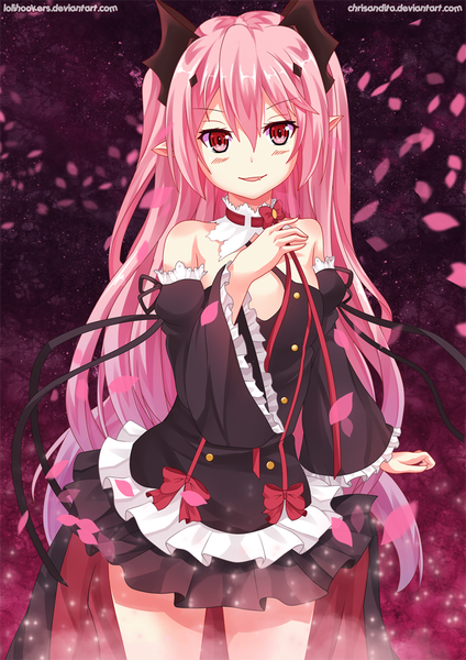 Anime picture 707x1000 with owari no seraph wit studio kururu tepes chrisandita single long hair tall image looking at viewer blush fringe smile hair between eyes standing bare shoulders signed pink hair long sleeves parted lips pink eyes pointy ears