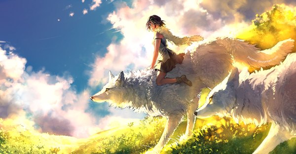 Anime picture 1500x782 with mononoke hime studio ghibli san moro no ichizoku yuumei looking at viewer short hair black hair wide image sky cloud (clouds) sunlight scenic face paint riding girl skirt plant (plants) animal grass