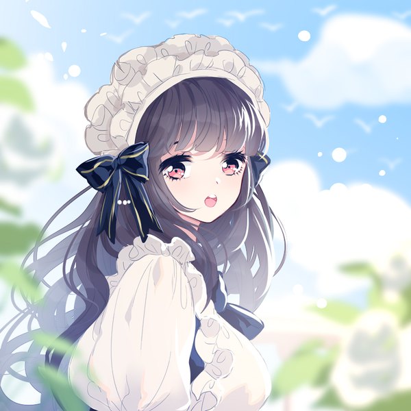 Anime picture 800x800 with original miemia single long hair looking at viewer fringe open mouth black hair red eyes payot sky cloud (clouds) upper body outdoors blunt bangs depth of field puffy sleeves girl bow headdress