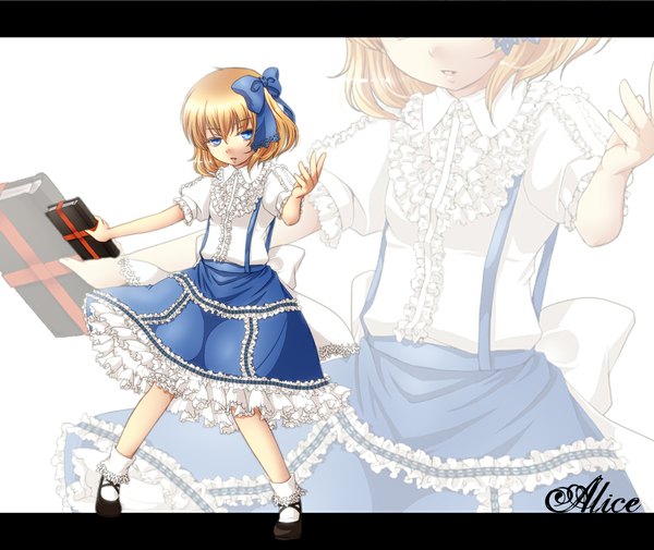 Anime picture 1187x1000 with touhou alice margatroid geike short hair blue eyes blonde hair loli zoom layer girl dress bow hair bow book (books)