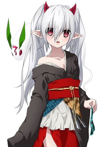 Anime picture 1377x2039 with yu-gi-oh! yuki usagi (yu-gi-oh!) aono meri long hair tall image looking at viewer blush fringe open mouth simple background red eyes standing white background twintails bare shoulders long sleeves traditional clothes japanese clothes horn (horns) pointy ears