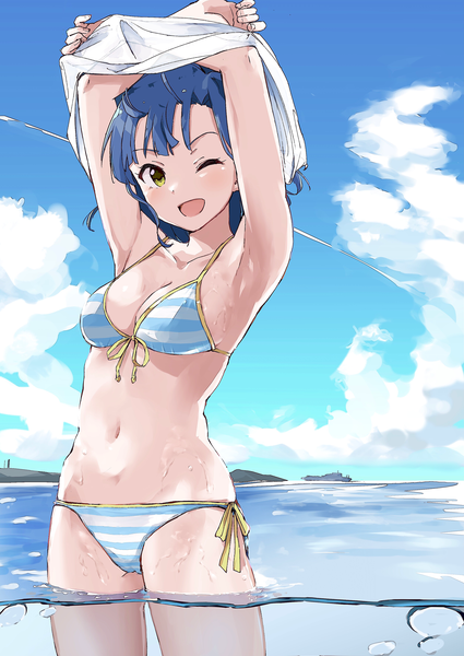 Anime picture 2507x3541 with idolmaster idolmaster million live! nanao yuriko rauto single tall image looking at viewer blush fringe highres short hair breasts open mouth light erotic smile green eyes blue hair sky cloud (clouds) outdoors