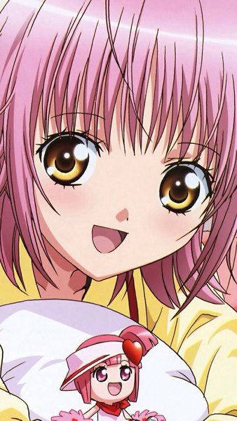 Anime picture 640x1136 with shugo chara! hinamori amu tagme (artist) tall image looking at viewer blush fringe short hair open mouth yellow eyes pink hair pink eyes looking up chibi minigirl girl headdress