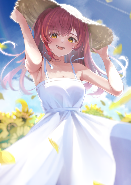 Anime picture 2315x3274 with virtual youtuber vspo! nekota tsuna horo 27 single long hair tall image looking at viewer blush fringe highres breasts smile standing bare shoulders yellow eyes sky cloud (clouds) outdoors red hair