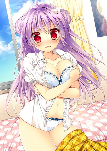 Anime picture 800x1130 with original minatsuki alumi single long hair tall image blush breasts light erotic red eyes large breasts purple hair open clothes open shirt girl underwear panties shirt lingerie bra window