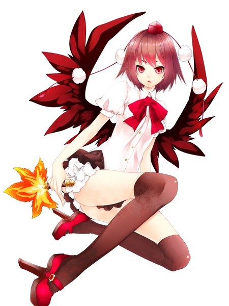 Anime picture 1250x1665 with touhou shameimaru aya yutazou single tall image short hair simple background red eyes brown hair white background girl thighhighs skirt black thighhighs miniskirt shirt wings fan hauchiwa