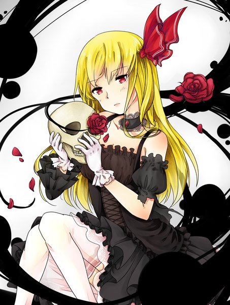 Anime picture 1857x2457 with touhou rumia o0baijin0o single long hair tall image looking at viewer highres blonde hair red eyes girl thighhighs dress gloves flower (flowers) petals white thighhighs frills skull