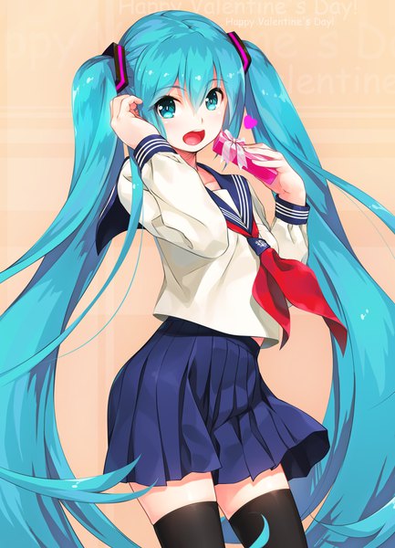 Anime-Bild 1300x1800 mit vocaloid hatsune miku wacchi single tall image looking at viewer blush fringe open mouth simple background hair between eyes standing twintails holding very long hair aqua eyes aqua hair adjusting hair girl thighhighs